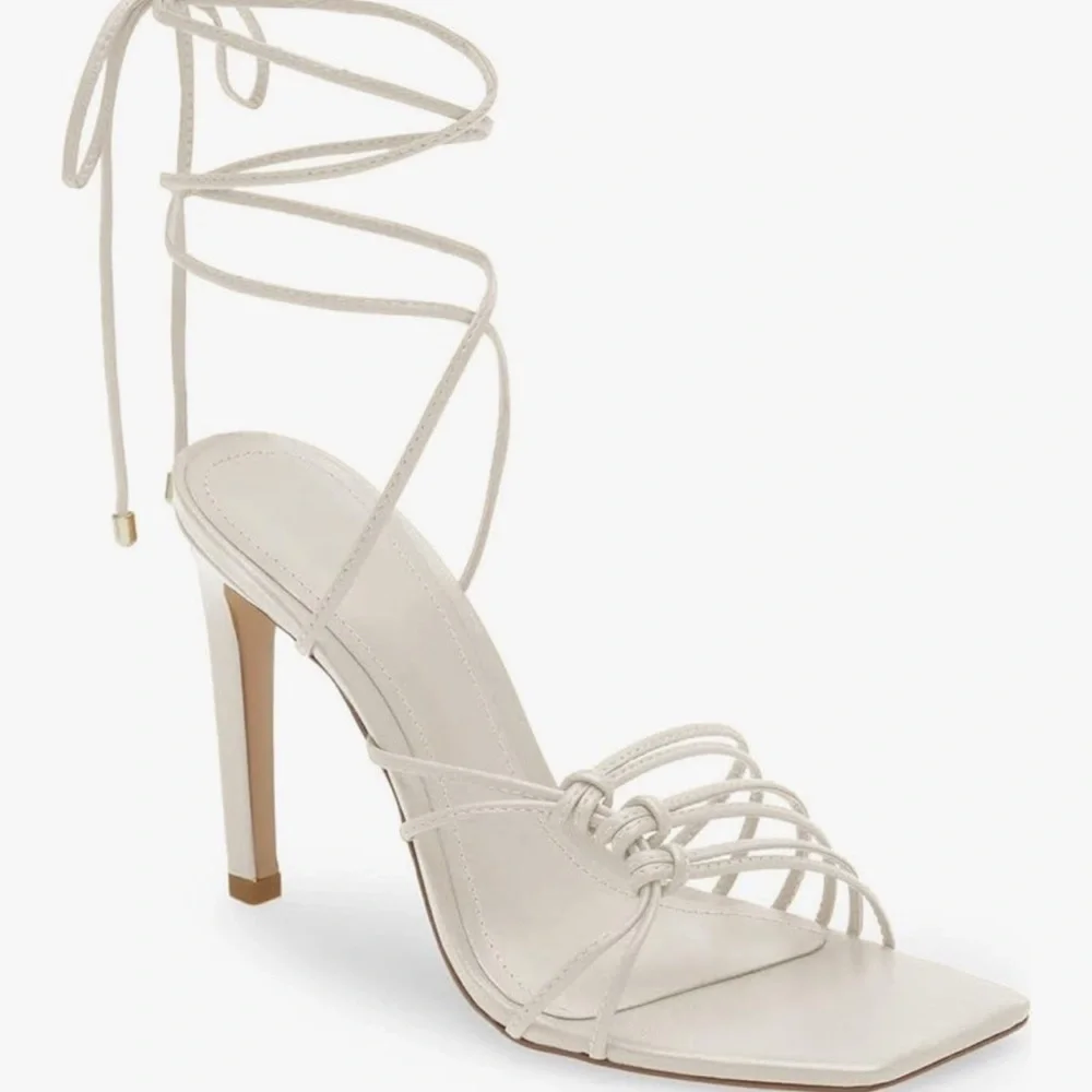 NEW Women’s Strappy Lace Up Heeled Sandals Square Open Toe Stiletto Tan Size 8.5
